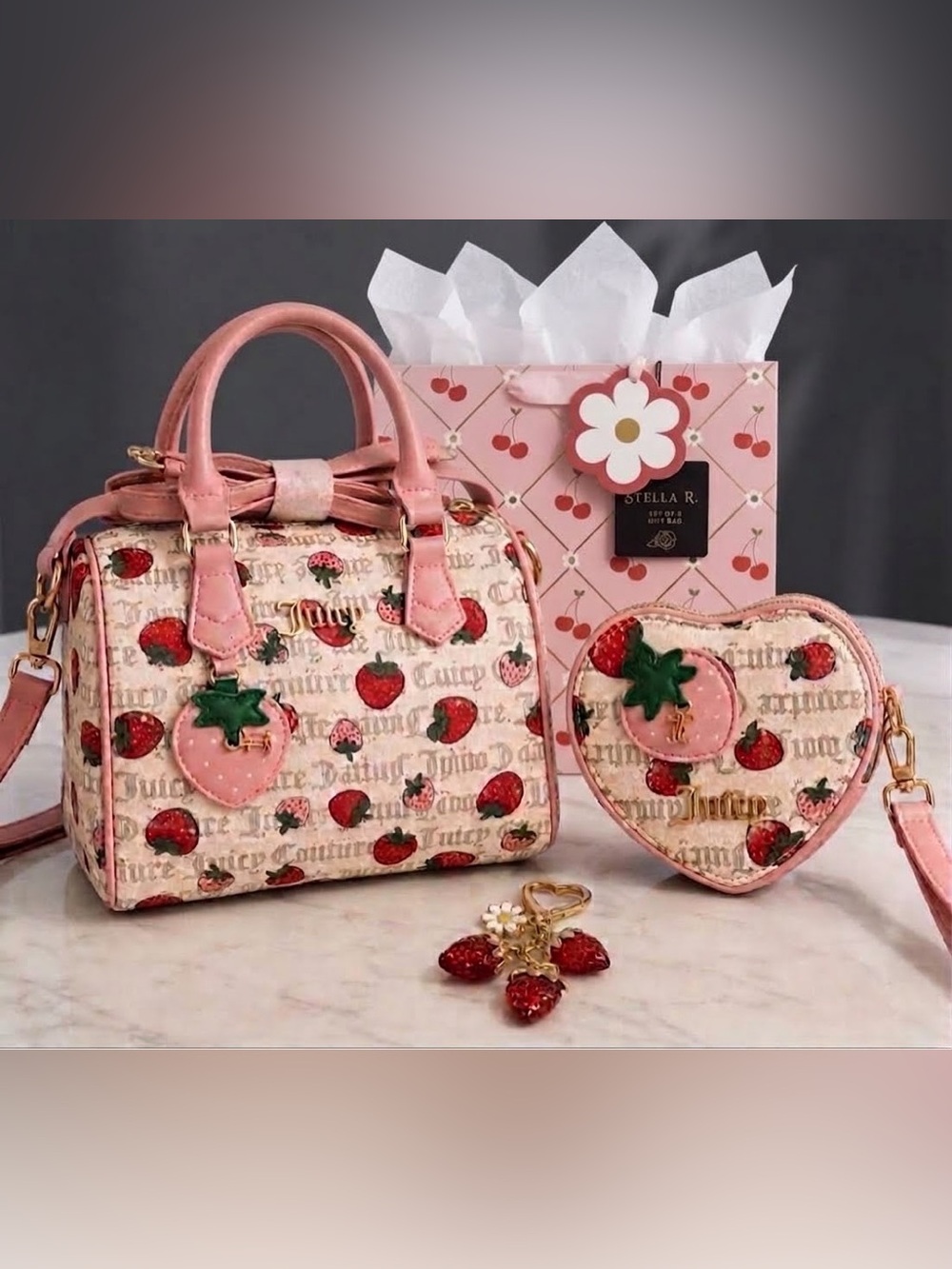 🍓 Juicy Couture Strawberry Satchel Freshly Picked With Heart Wallet Charm Gift B